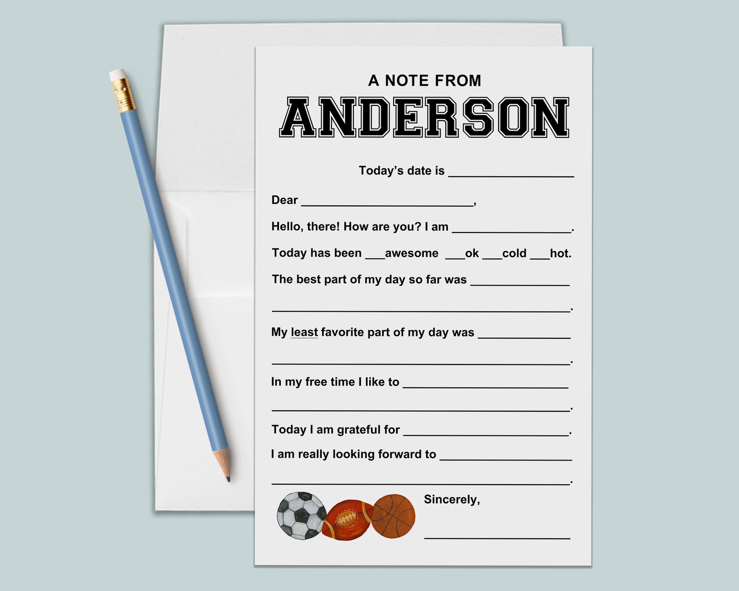 soccer, football, basketball images on fill in the blank stationery for kids