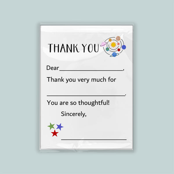 The image is a white thank you card with a space-themed design, including planets and stars. The card has a blank space for a recipient's name and a message expressing gratitude.
