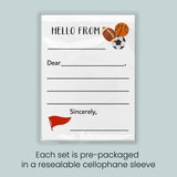 The image is a pre-packaged greeting card set that includes a blank card with a sports ball and flag design, and a note that reads 