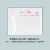 The image is a message of gratitude, with a pink ribbon symbol, and it is pre-packaged in a resealable cellophane sleeve. Each set is pre-packaged in a resealable cellophane sleeve.