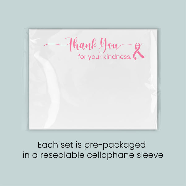 The image is a message of gratitude, with a pink ribbon symbol, and it is pre-packaged in a resealable cellophane sleeve. Each set is pre-packaged in a resealable cellophane sleeve.