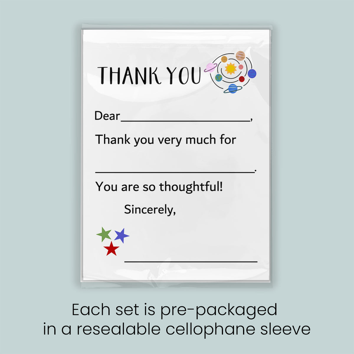 The image is a thank you card with a space-themed design, and each set is pre-packaged in a resealable cellophane sleeve.