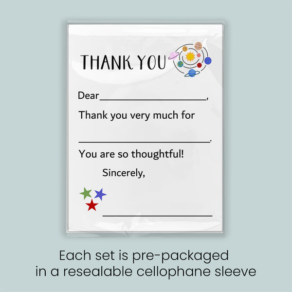The image is a thank you card with a space-themed design, and each set is pre-packaged in a resealable cellophane sleeve.