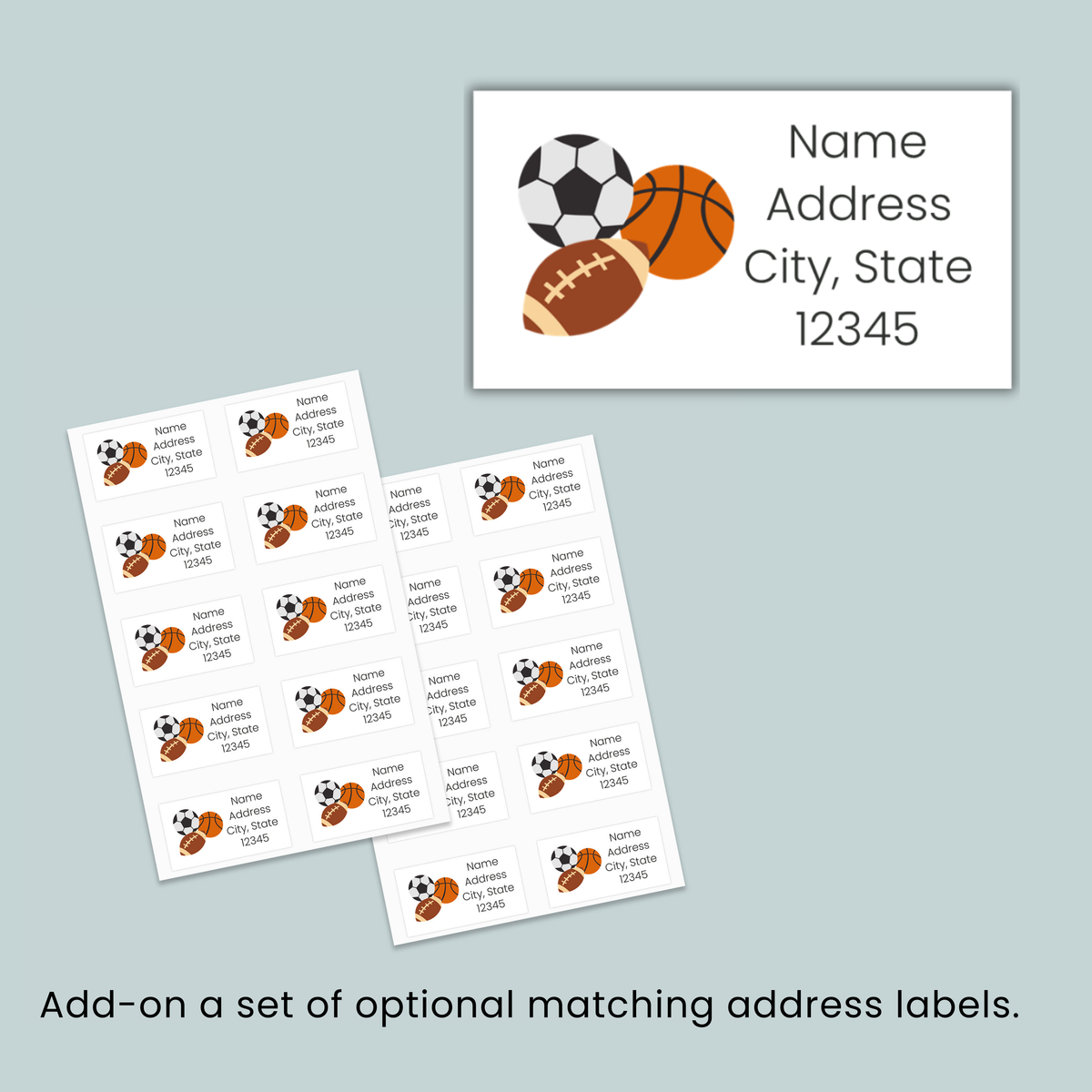 a set of address labels with sports balls as a design element, along with a white background.