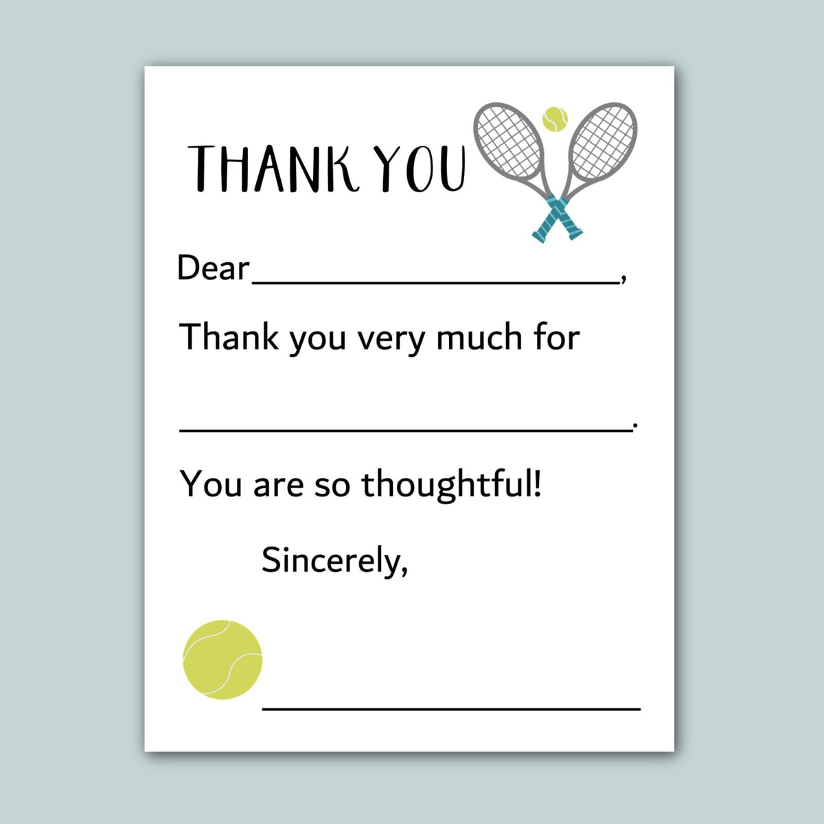 The image is a white card with a tennis racket and ball graphic, and a message expressing gratitude.