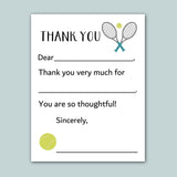 The image is a white card with a tennis racket and ball graphic, and a message expressing gratitude.