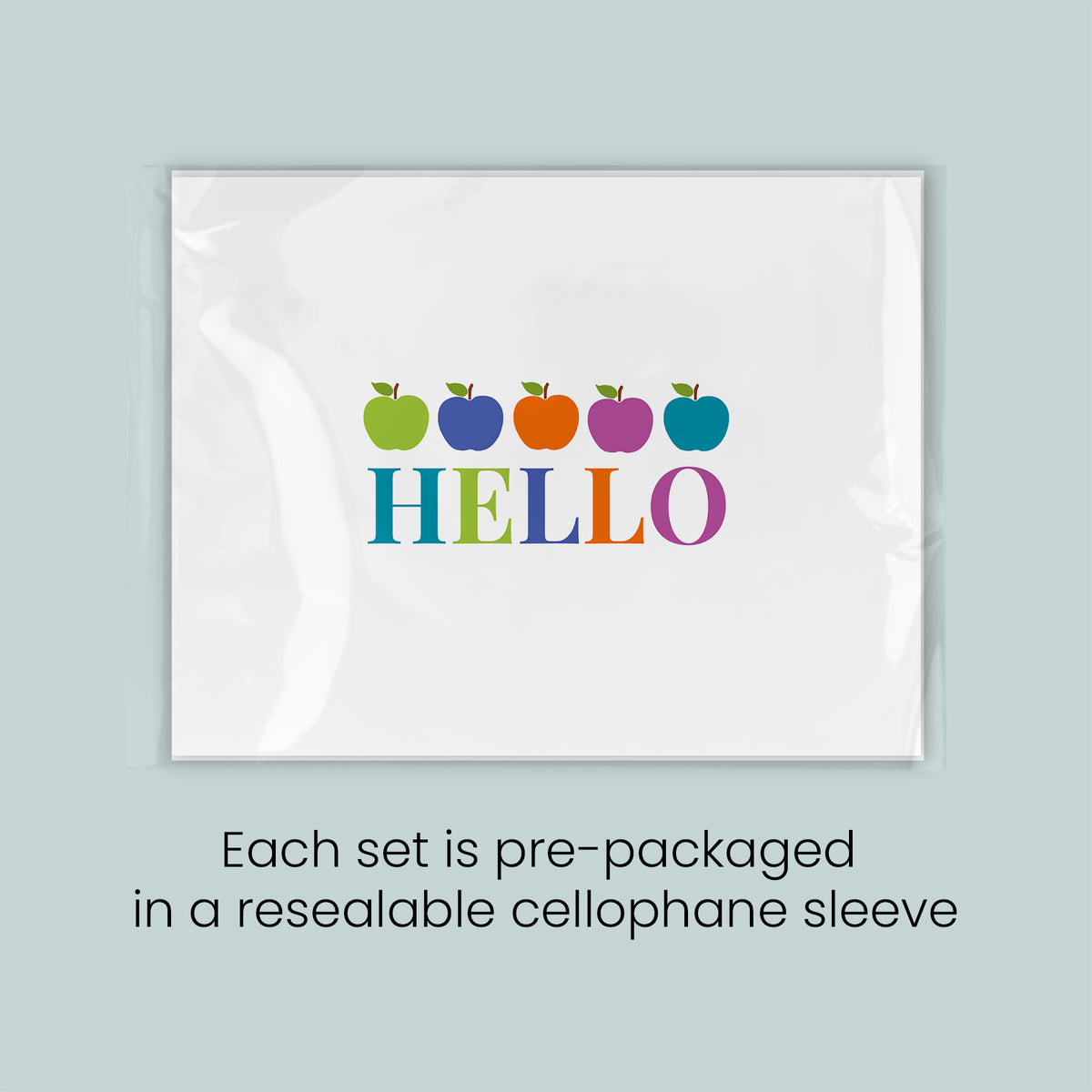a set of pre-packaged cellophane sleeves with a colorful design of apples and the word "HELLO" printed on them. Each set is pre-packaged in a resealable cellophane sleeve.