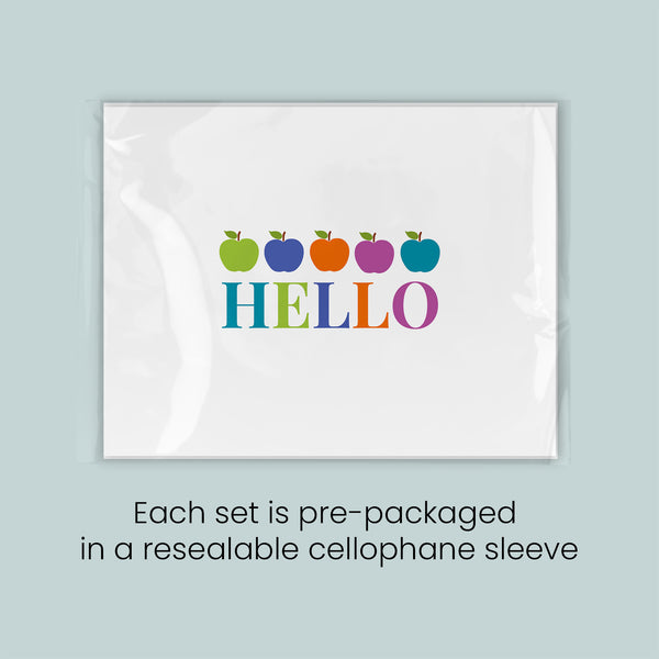 a set of pre-packaged cellophane sleeves with a colorful design of apples and the word "HELLO" printed on them. Each set is pre-packaged in a resealable cellophane sleeve.