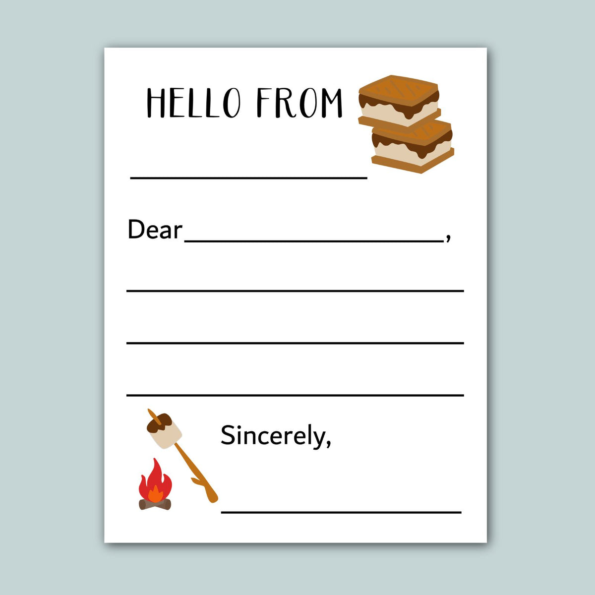 a handwritten letter addressed to someone, with a list of blank spaces for the recipient's name and a list of blank spaces for a message. The letter also features an illustration of a marshmallow-topped sandwich and a campfire, suggesting a casual, outdoor setting.