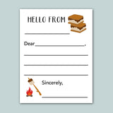 a handwritten letter addressed to someone, with a list of blank spaces for the recipient's name and a list of blank spaces for a message. The letter also features an illustration of a marshmallow-topped sandwich and a campfire, suggesting a casual, outdoor setting.