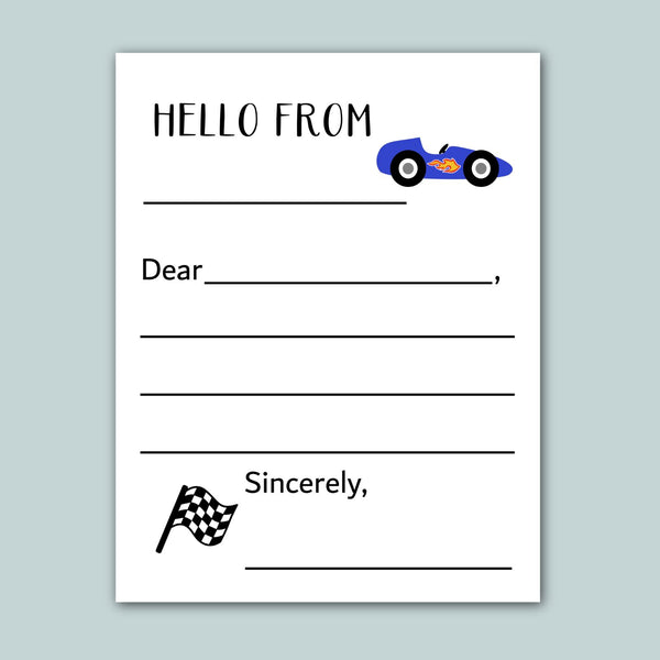 a letter addressed to someone named "Sincerely," with a checkered flag and a race car illustration. The letter appears to be a handwritten note, and the content is not described in detail.