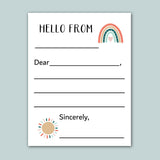 The image is a blank letterhead with a rainbow graphic and a sun graphic. The letterhead has a blank space for the recipient's name and a blank space for the message. The text 