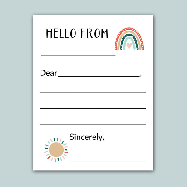 The image is a blank letterhead with a rainbow graphic and a sun graphic. The letterhead has a blank space for the recipient's name and a blank space for the message. The text "Hello from" is written at the top, and the message "Sincerely" is written at the bottom.