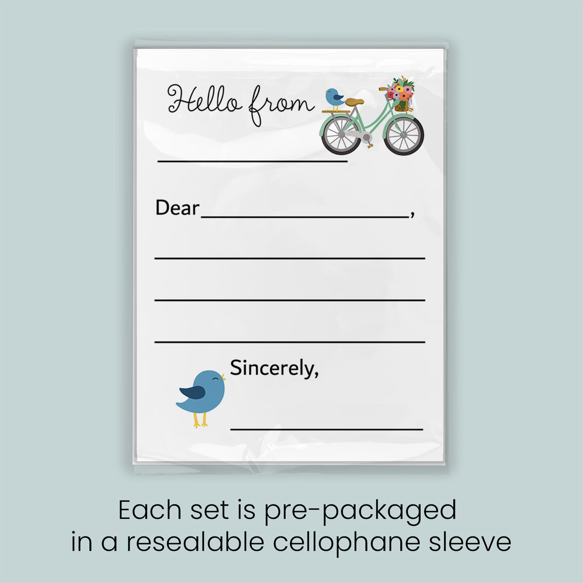 The image is a pre-packaged greeting card with a bicycle and a bird on it, and it is pre-packaged in a resealable cellophane sleeve. Each set is pre-packaged in a resealable cellophane sleeve.