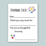 The image is a white card with a space-themed design, including planets and stars. The card has a message that says 