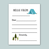 a letter addressed to someone, with a camping tent and pine trees as the main elements. The letter appears to be a handwritten note, with the message 