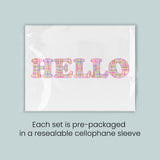 a pre-packaged set of colorful plaid lettering on a white background, with the text 