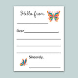 a blank letter or card with a butterfly illustration on the top right corner. The letter has a blank space for the recipient's name and a blank space for the message. The text 