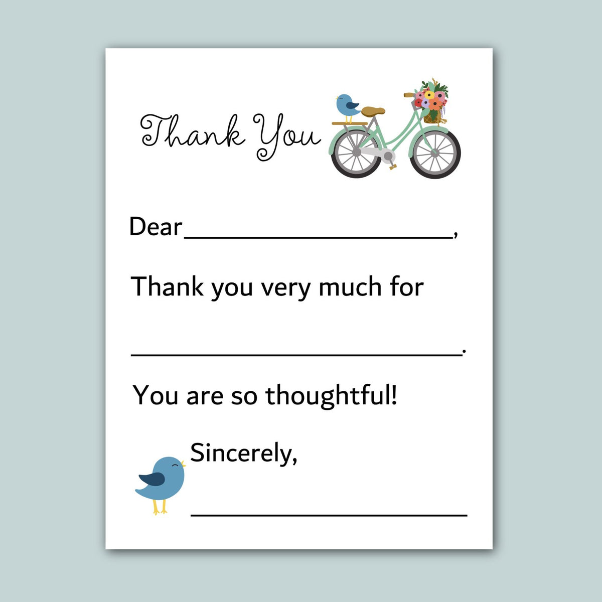 a handwritten note with a bicycle and flowers, along with a bird illustration. The note expresses gratitude and thanks for something, with the recipient's name and a heartfelt message.