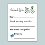 a handwritten note with a bicycle and flowers, along with a bird illustration. The note expresses gratitude and thanks for something, with the recipient's name and a heartfelt message.