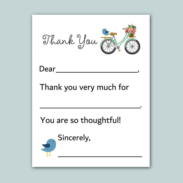 a handwritten note with a bicycle and flowers, along with a bird illustration. The note expresses gratitude and thanks for something, with the recipient's name and a heartfelt message.