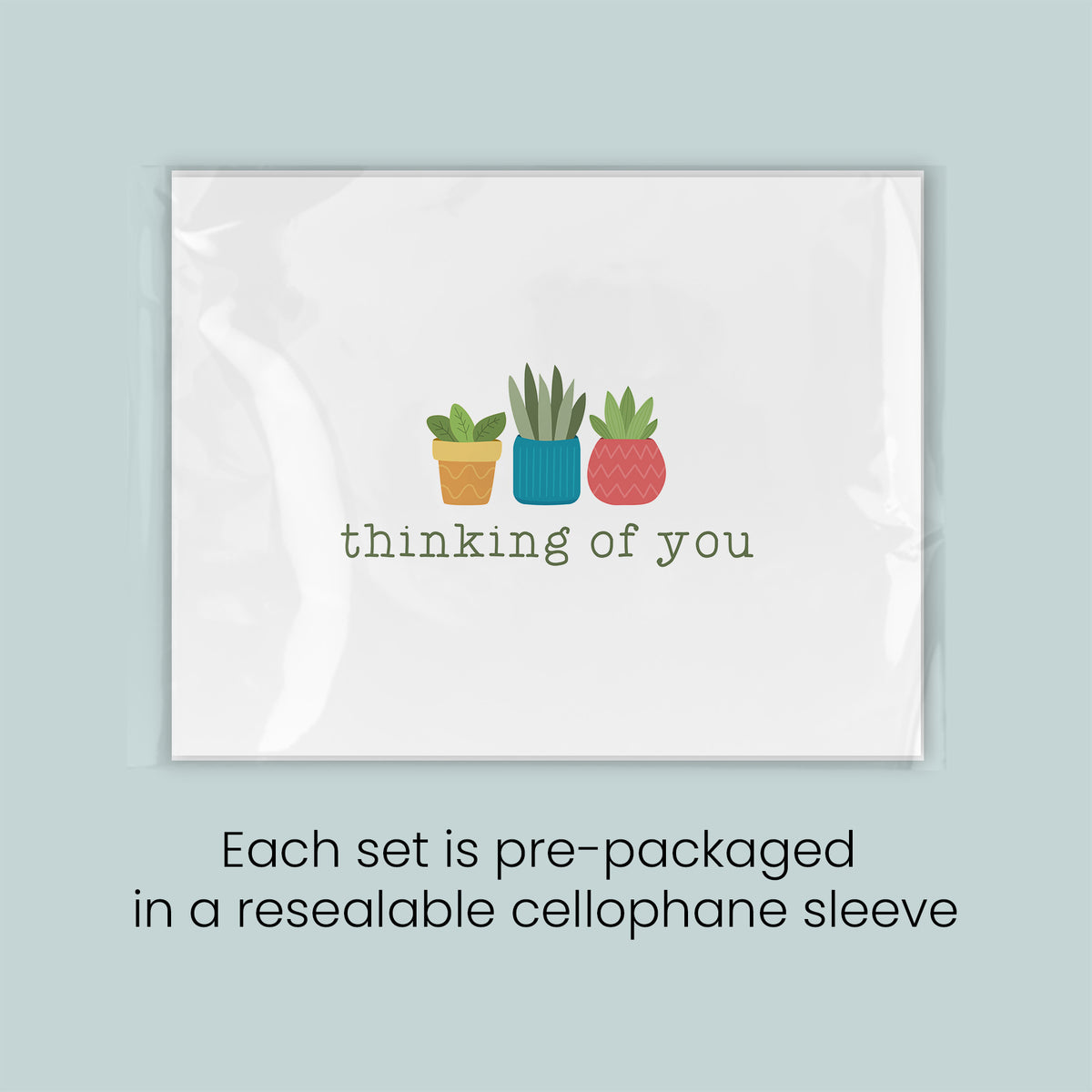 A set of pre-packaged greeting cards with a design featuring three potted plants and the text "thinking of you". Each set is pre-packaged in a resealable cellophane sleeve.