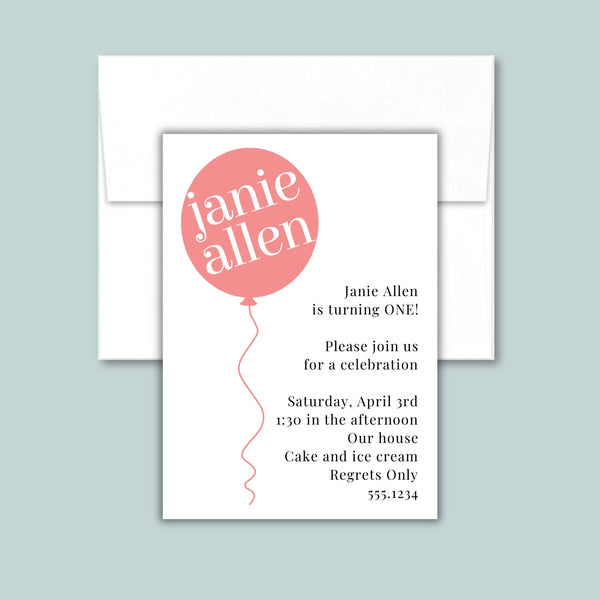 Birthday Balloon Invitation | Semi-Custom | Coral Pink