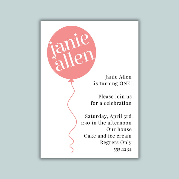 Birthday Balloon Invitation | Semi-Custom | Coral Pink