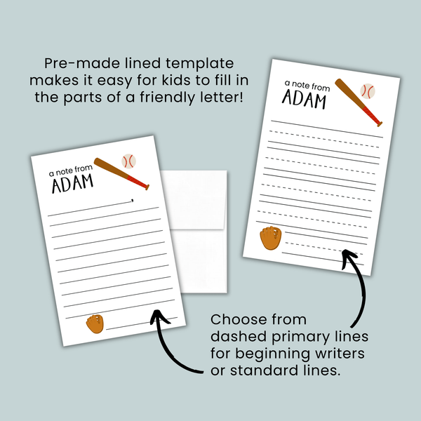 Baseball - Personalized Lined Letter Template - The Note House