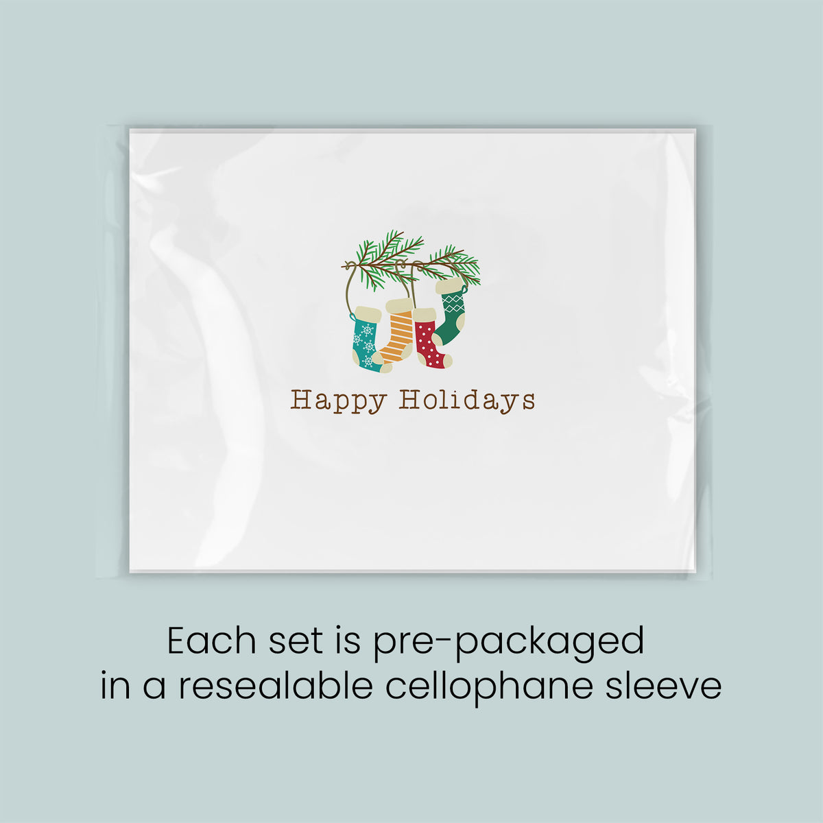 A set of pre-packaged greeting cards with a festive holiday design, each set in a re sealable cellophane sleeve.