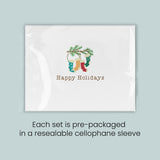 A set of pre-packaged greeting cards with a festive holiday design, each set in a re sealable cellophane sleeve.