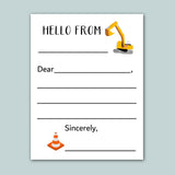 a construction-themed letterhead with a construction vehicle illustration, a blank space for a message, and a traffic cone illustration. The letterhead has a simple, clean design with a white background and black text.