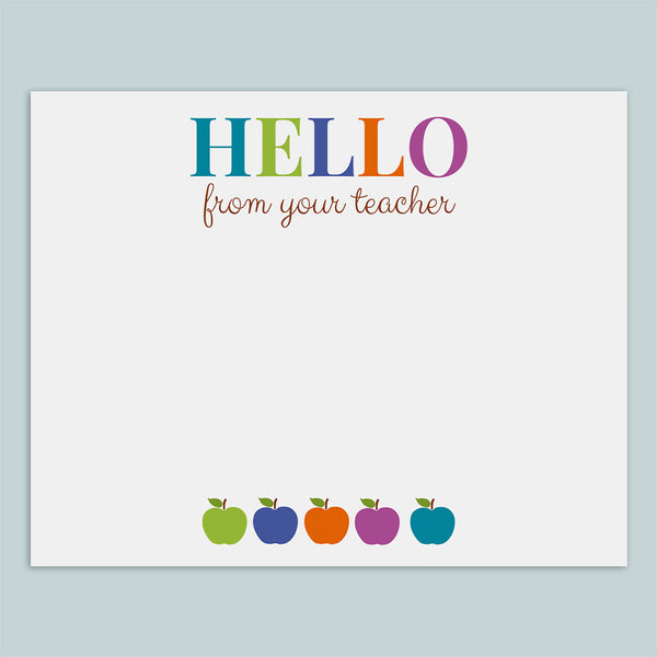 Teacher Hello Flat Note Cards, Colorful Apples - Pack of 8