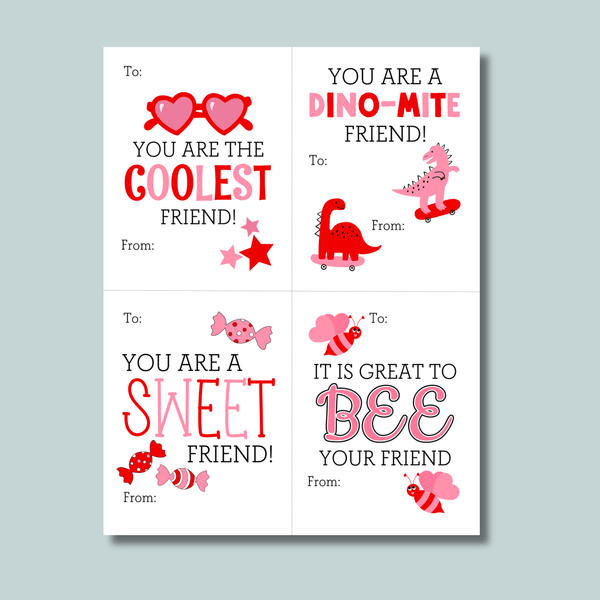 Bee, Candy, Dinosaur, Sunglasses - Classroom Valentine's Day Cards - Printable Instant Download - The Note House