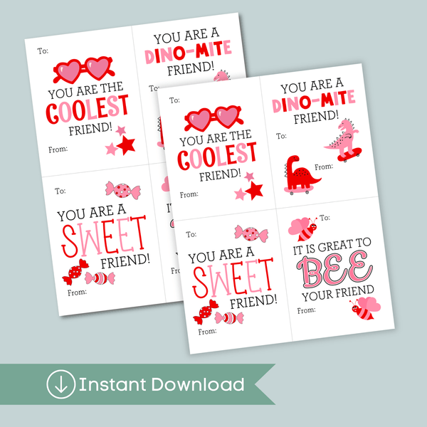 Bee, Candy, Dinosaur, Sunglasses - Classroom Valentine's Day Cards - Printable Instant Download - The Note House