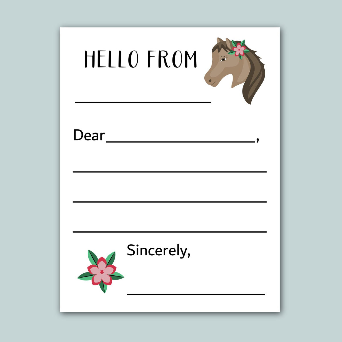 The image is a blank greeting card with a horse illustration and a pink flower. The card has a blank space for a message and a blank space for a signature.
