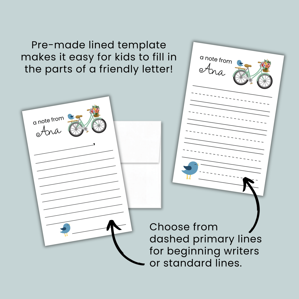 Bike and Bird - Personalized Lined Letter Template - The Note House
