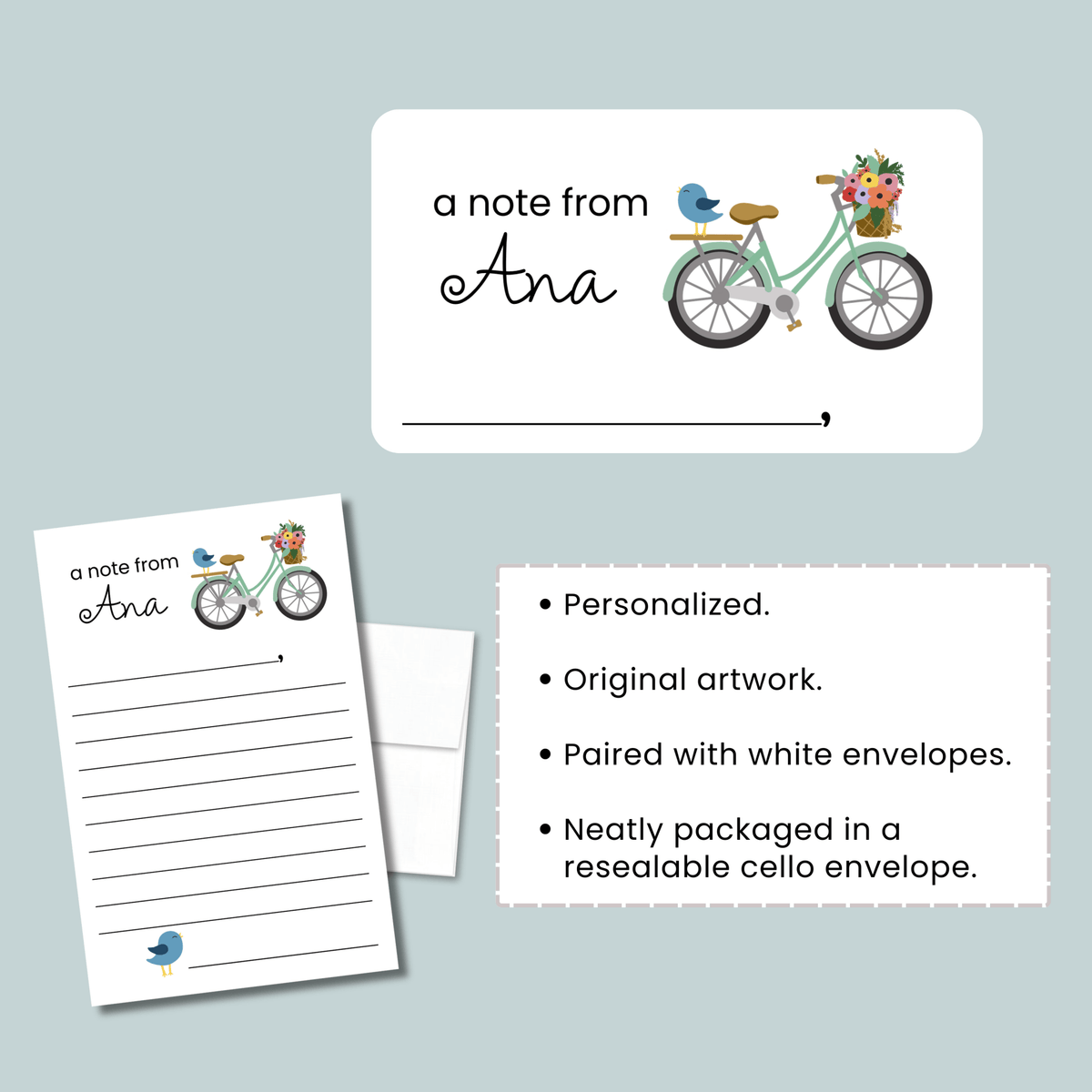 Bike and Bird - Personalized Lined Letter Template - The Note House