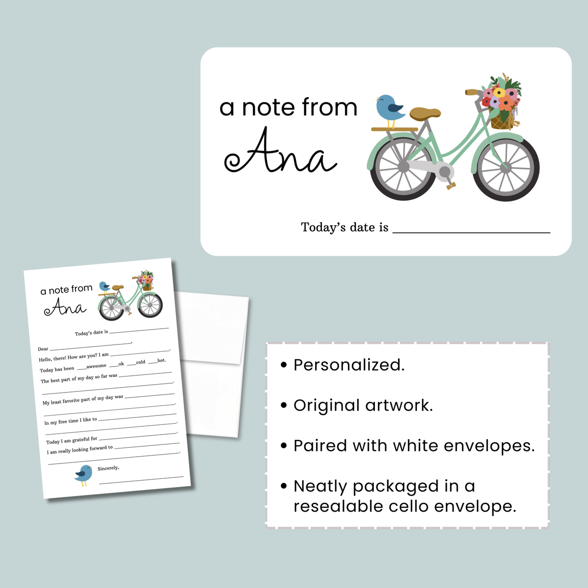 Bird and Bike - Personalized Fill - in Letter Template - The Note House