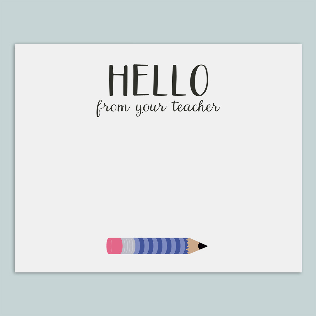 Teacher Hello Flat Note Cards, Blue Pencil - Pack of 8