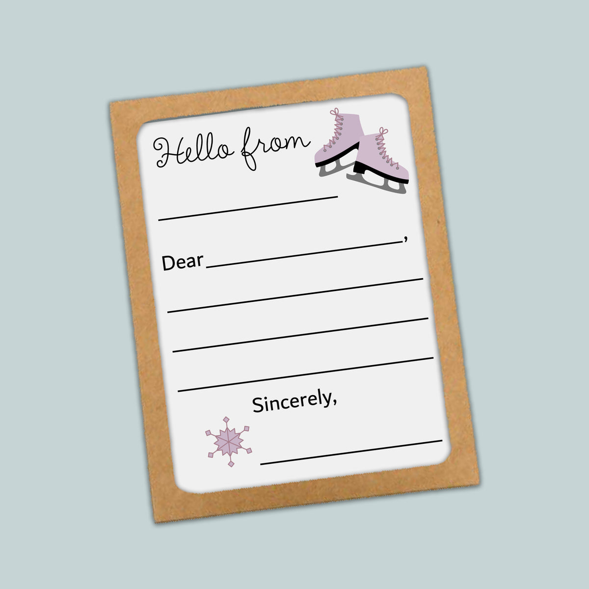 The image is a greeting card with a snowflake design and a pair of skates on the top left corner. The card has a blank space for a message and a blank space for a recipient's name.
