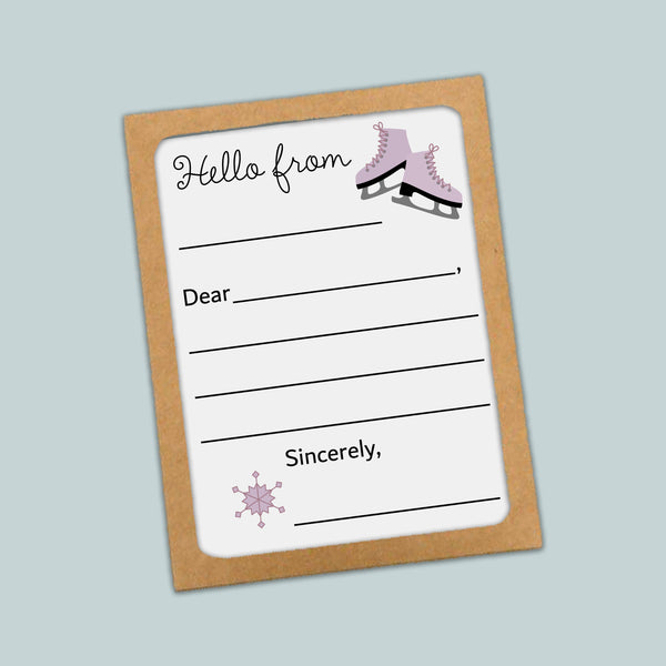 The image is a greeting card with a snowflake design and a pair of skates on the top left corner. The card has a blank space for a message and a blank space for a recipient's name.
