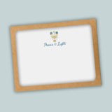 A brown frame with a white background inside, containing a graphic of a menorah with blue and gold accents and the text 