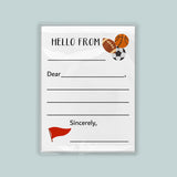 The image is a white envelope with a sports theme, featuring a basketball, soccer ball, and a flag. The envelope has a blank space for a message and a blank space for a name. The message is 