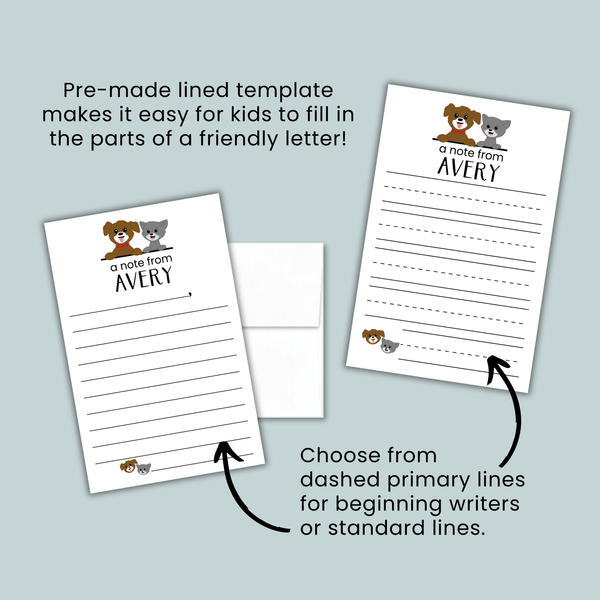 Cat and Dog - Personalized Lined Letter Template - The Note House