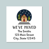 The image is a white envelope with a winter scene and text indicating that the Smiths have moved to 123 Main Street City, State 12345.