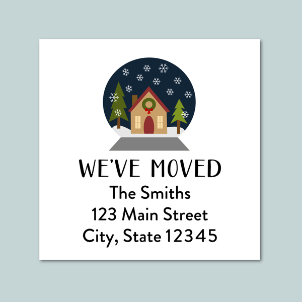 The image is a white envelope with a winter scene and text indicating that the Smiths have moved to 123 Main Street City, State 12345.