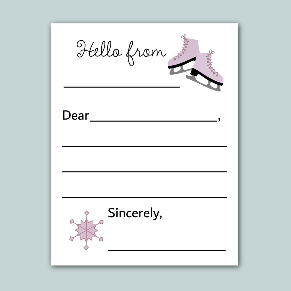 a letterhead with a blank space for a recipient's name, a pair of pink ice skates, and a snowflake graphic. The letterhead has a light blue background.
