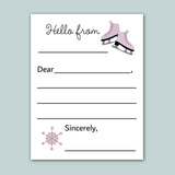 a letterhead with a blank space for a recipient's name, a pair of pink ice skates, and a snowflake graphic. The letterhead has a light blue background.