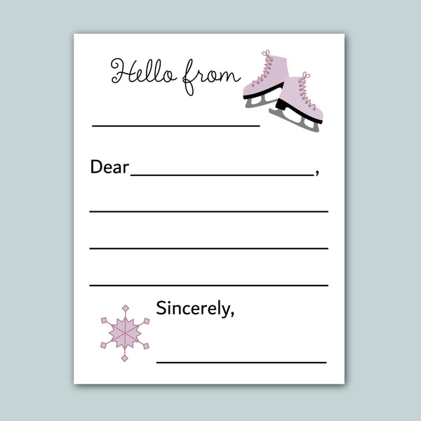 a letterhead with a blank space for a recipient's name, a pair of pink ice skates, and a snowflake graphic. The letterhead has a light blue background.